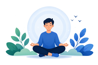 Meditating person surrounded by leaves